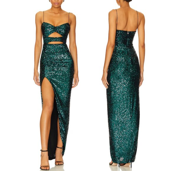 Nookie Sublime Maxi Gown NEW Cut-Out Emerald Green Sequin REVOLVE Size XS - Picture 1 of 7
